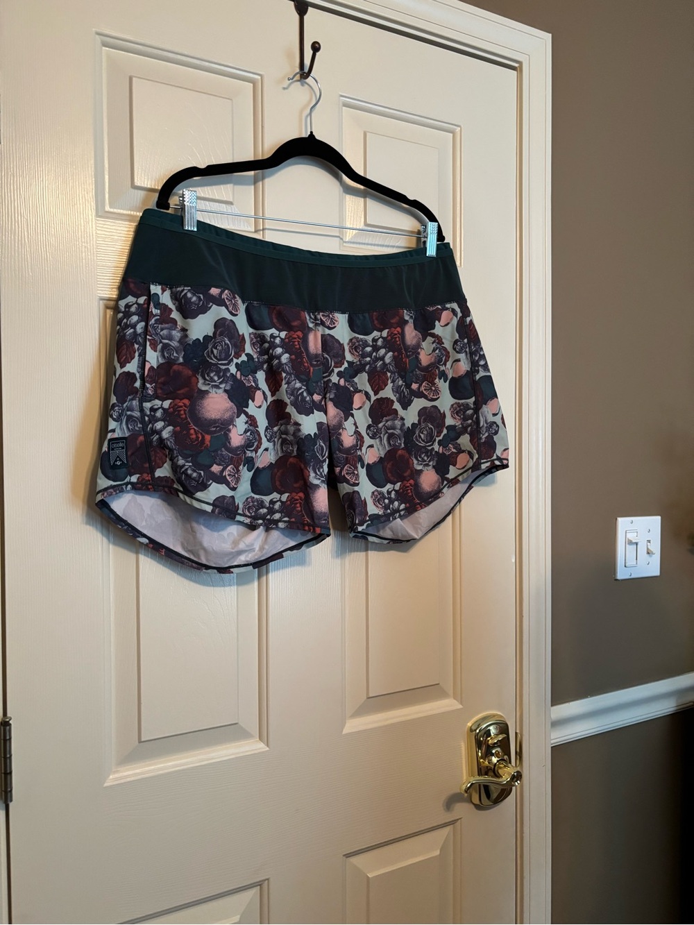 oiselle Floral Print Running Shorts with Dark Green Waistband